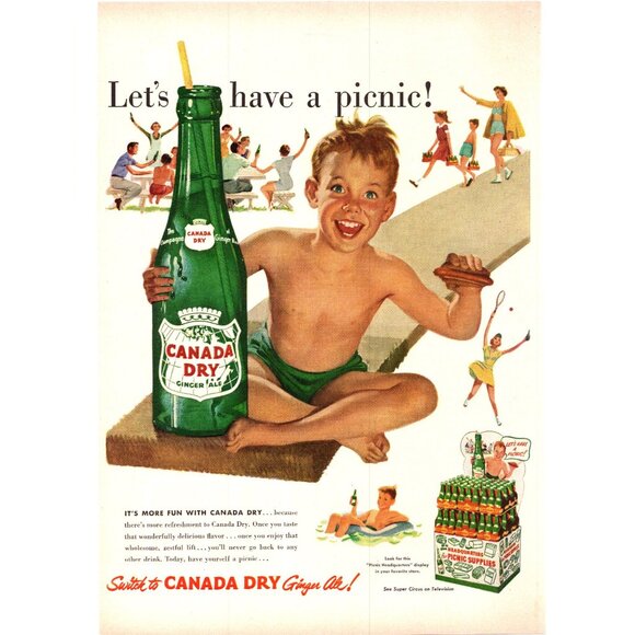 1952 Canada Dry Ginger Ale Soda Pop Vintage Print Ad Family Picnic 50s Wall Art - Picture 1 of 2